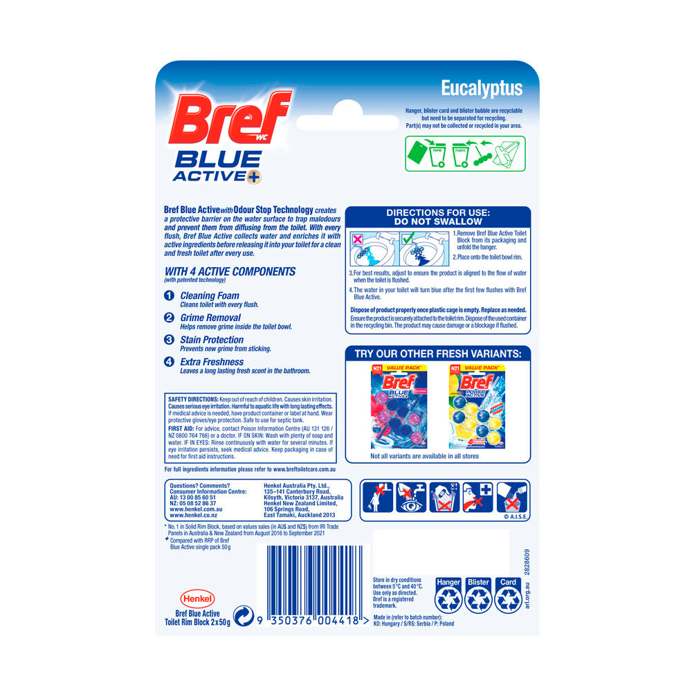 Bref Blue Active Toilet Cleaner Rim Block Eucalyptus 2x50g - 100g