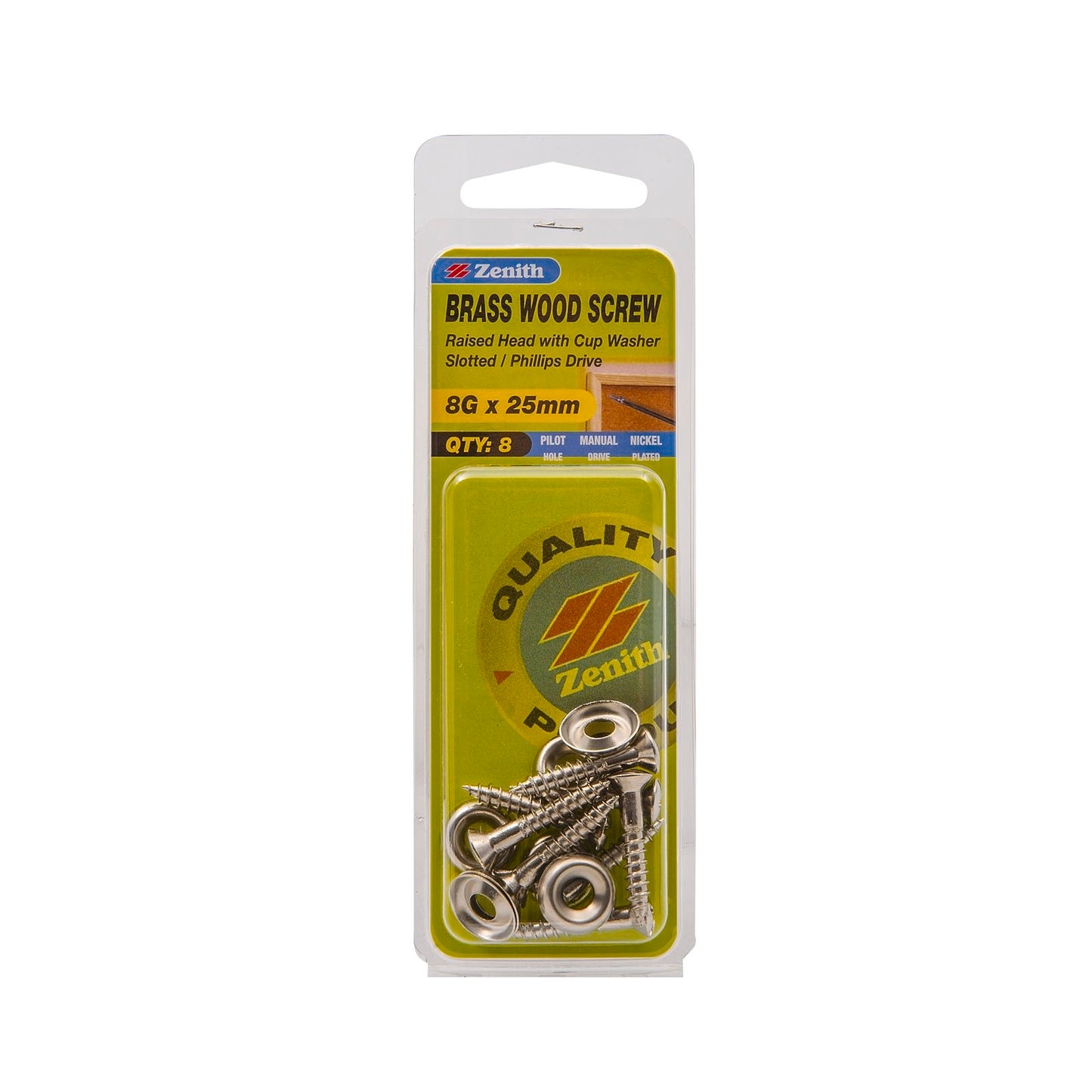 Zenith Raised Head Wood Screw - 8g x 25mm - Nickel Brass - 8 Pack