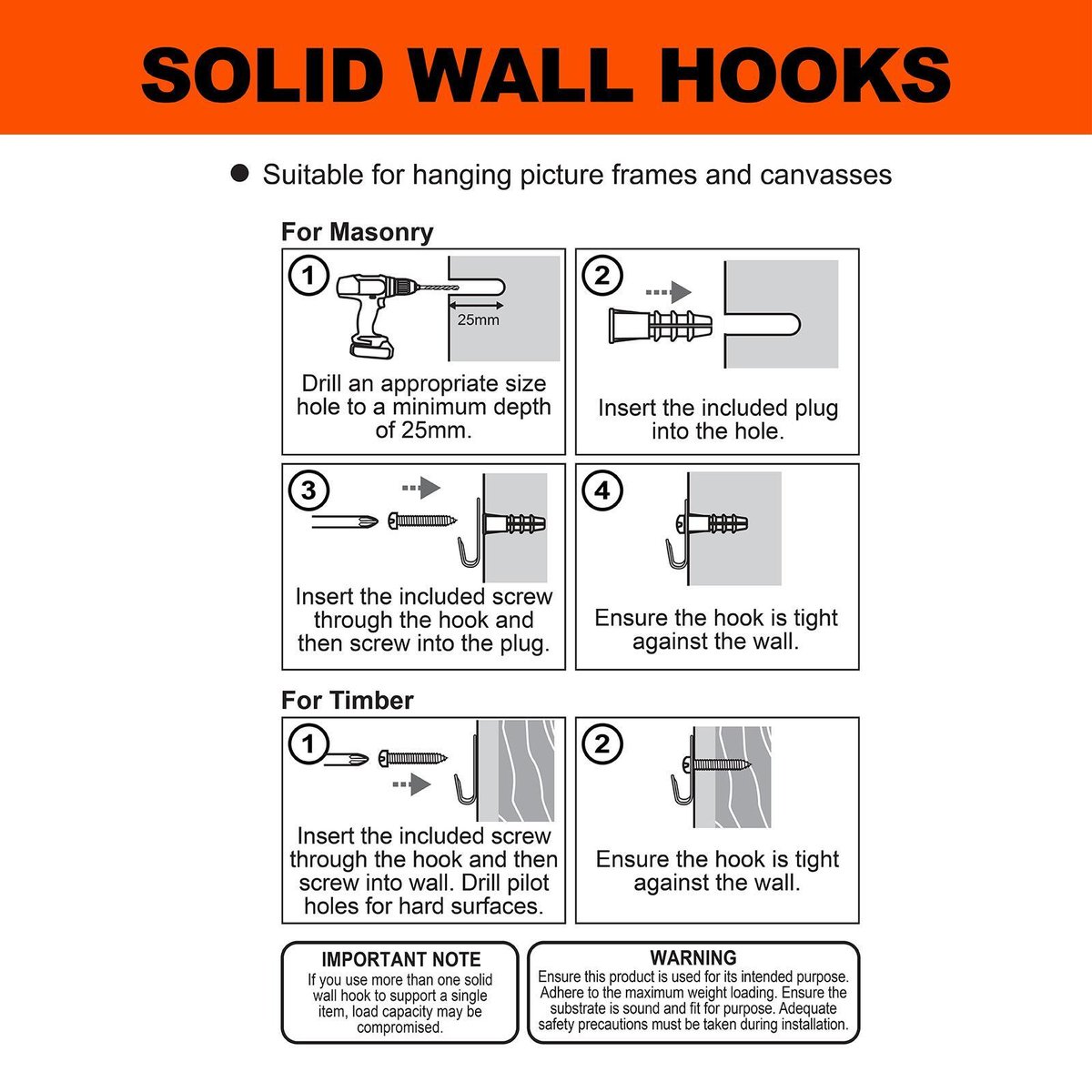 Everhang 15kg Solid Wall Picture Hanging Hook 3 Pack Steel Durable