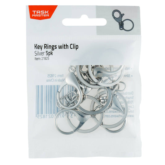 Taskmaster Silver Key Rings with Clip - 30mm - 5 Pack
