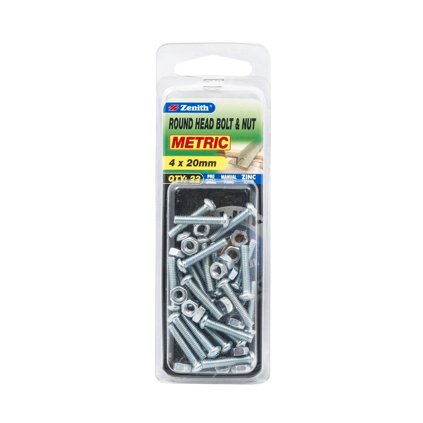 Zenith Bolt & Nut - M4 x 20mm - Round Head - 22 Pack