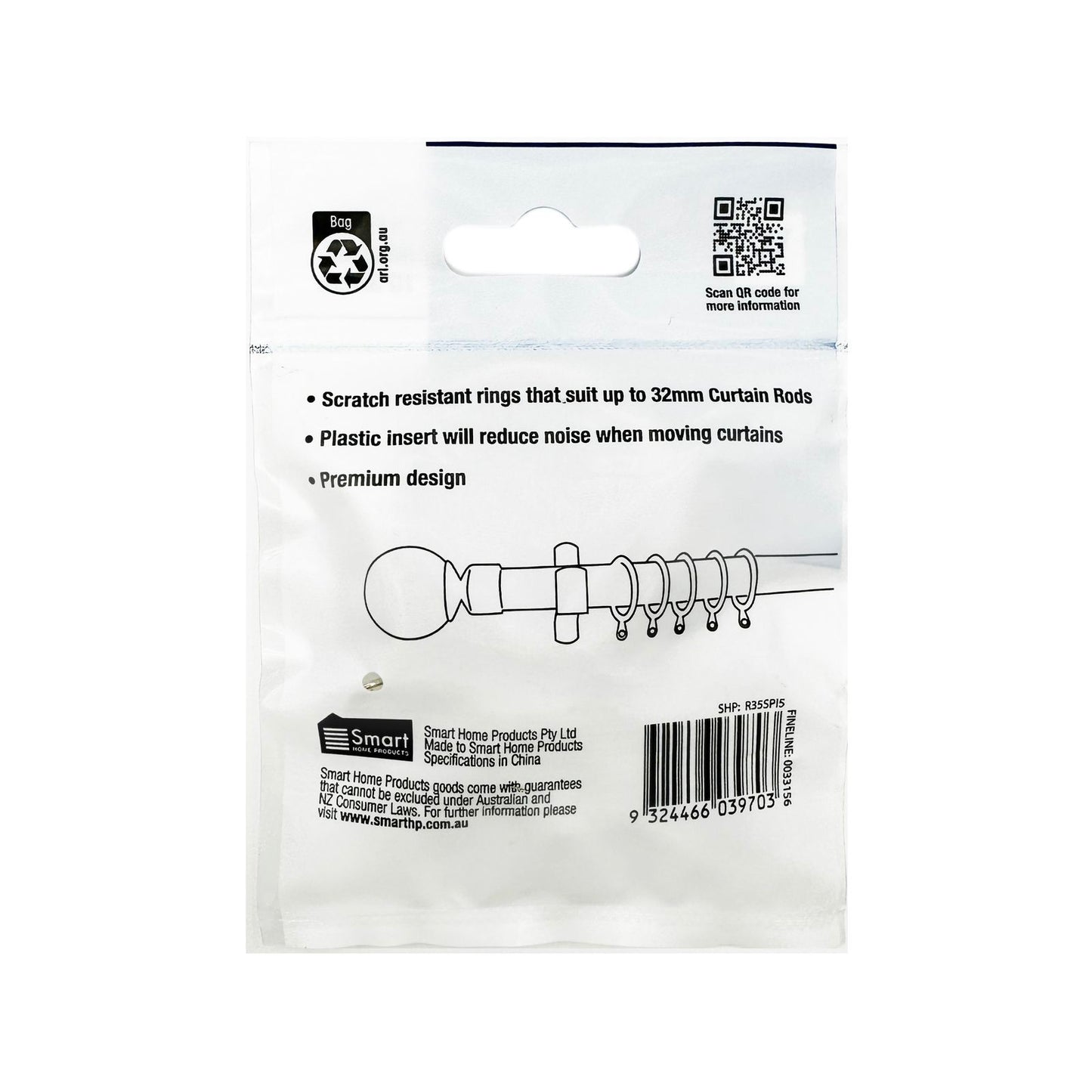 Windoware Curtain Rod Rings - 35mm - Satin - 5 Pack