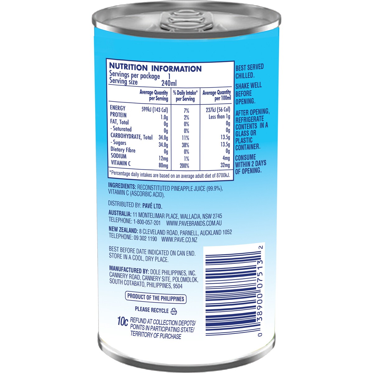 Dole 100% Pineapple Juice 240mL