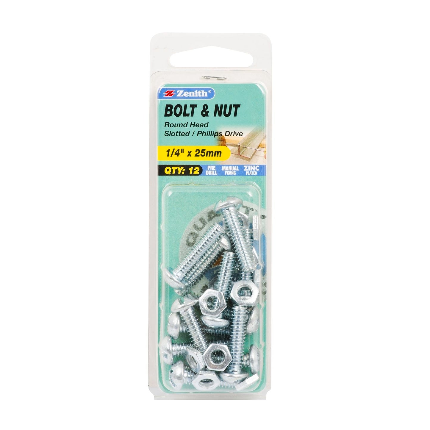 Zenith Round Head Bolt & Nut - 1/4 x 25mm - 12 Pack