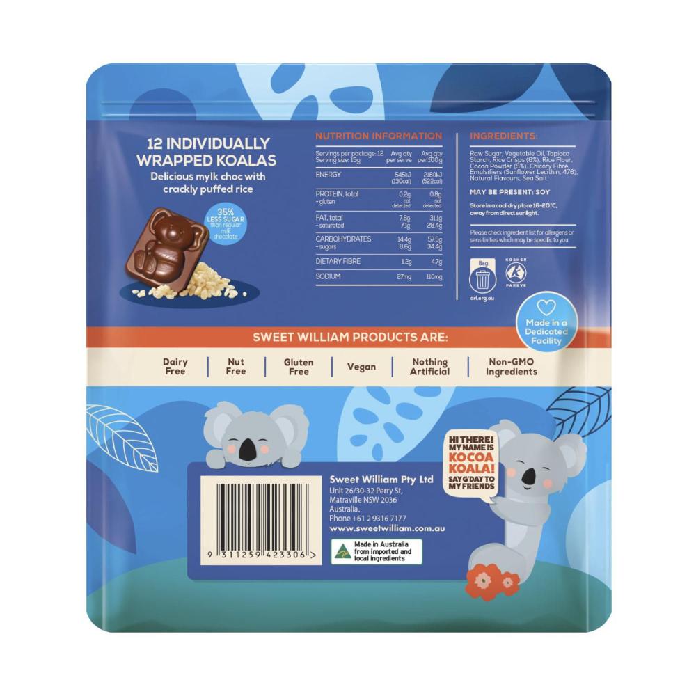 Sweet William Dairy Free Vegan Rice Crackle Chocolate Koalas Sharepack - 180g