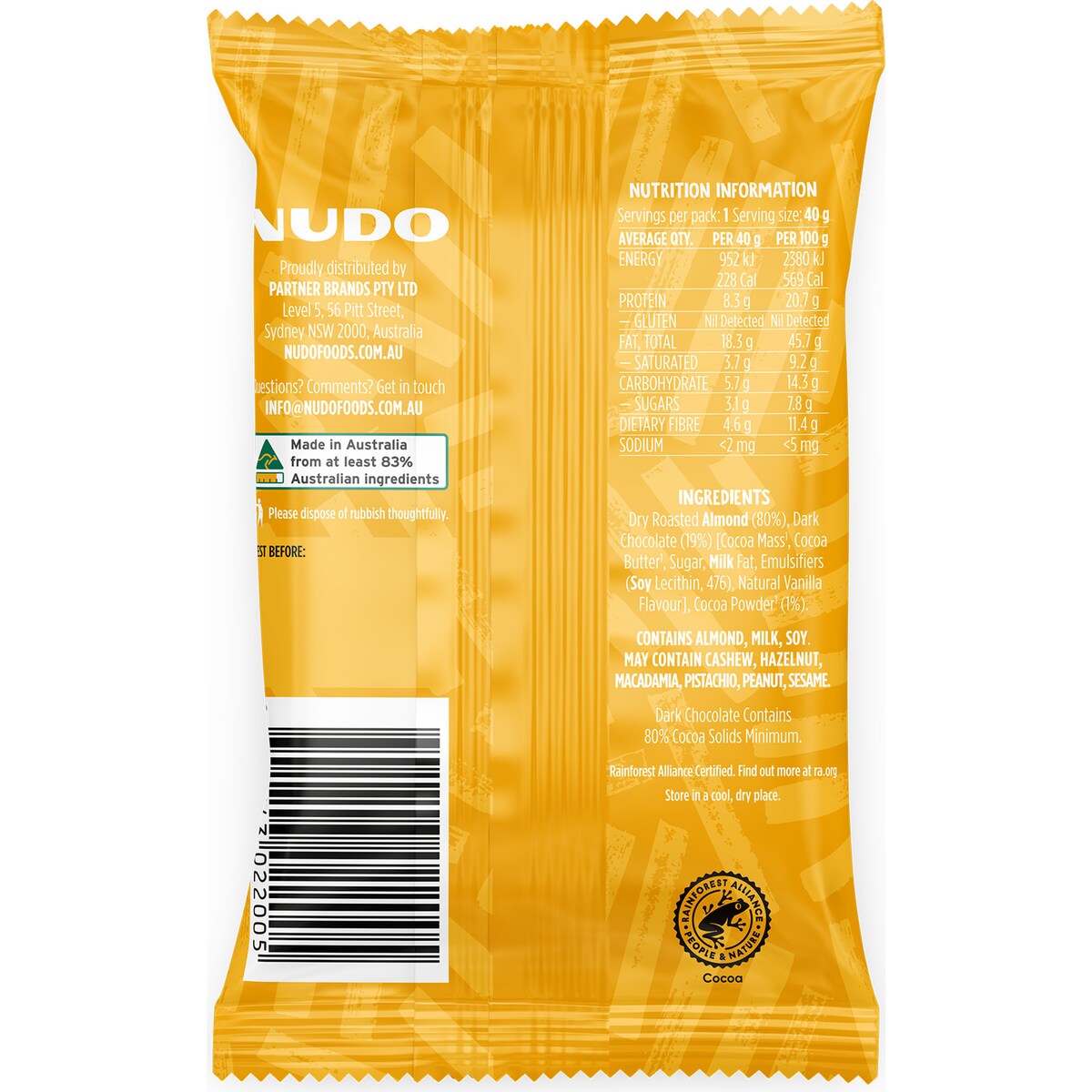 Nudo Lightly Dipped Almonds Cocoa Dusted Dark Chocolate 40g