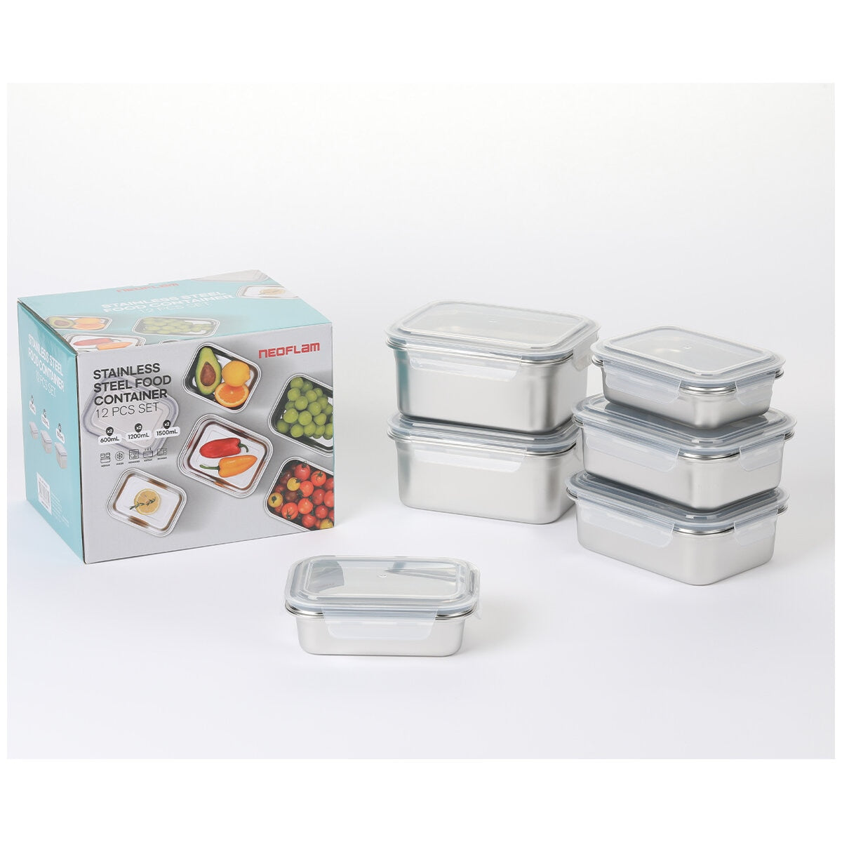 Neoflam 304 Stainless Steel Microwavable Containers 12-Piece Set Silver