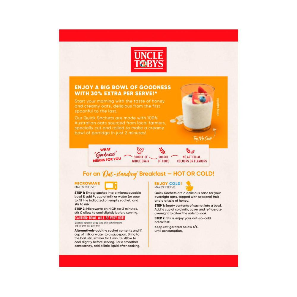 Une Tobys Oats Quick Sachets Breakfast Cereal Creamy Honey Big Bowl - 368g