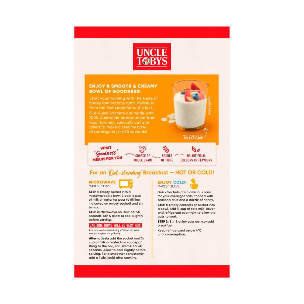 Une Tobys Oats Quick Sachets Breakfast Cereal Creamy Honey - 700g