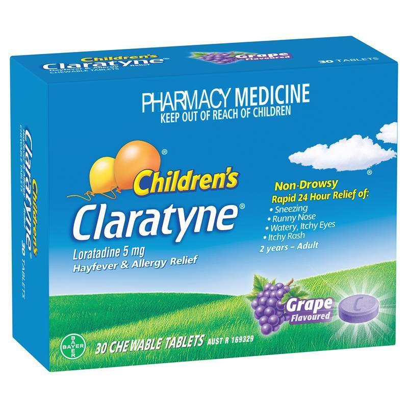 Children's Claratyne Allergy & Hayfever Relief Antihistamine For Kids Grape Chewable Tablets 30 pack