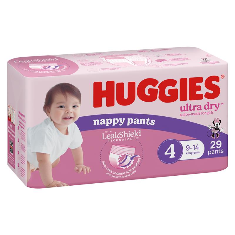 Huggies Ultra Dry Nappy Pants Size 4 9-14kg Girl 29 Pack