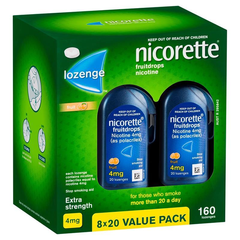Nicorette Quit Smoking Extra Strength Nicotine Lozenge Fruitdrops 8 x 20 Pack