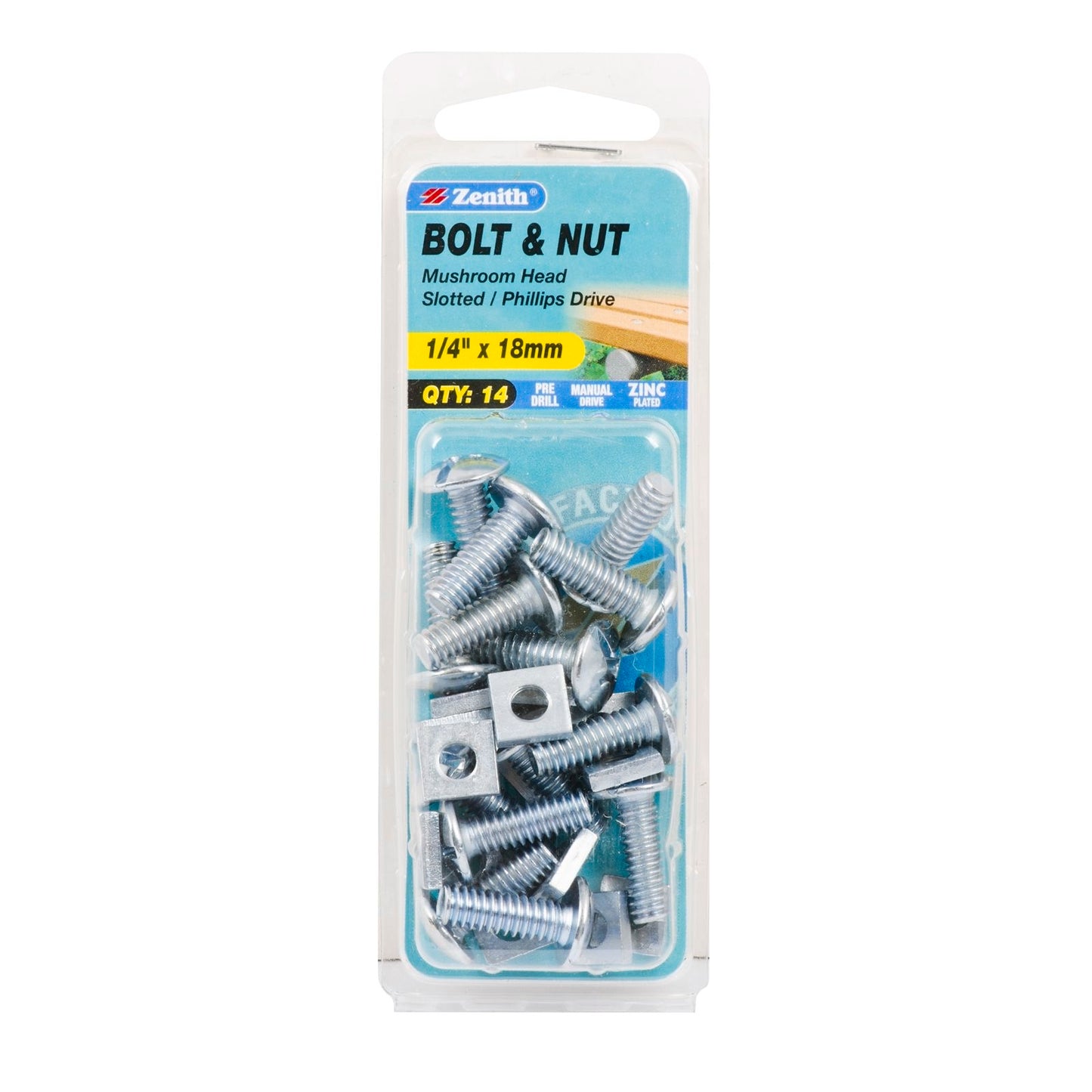 Zenith Mushroom Head Bolt and Nut - 1/4 x 18mm - 14 Pack