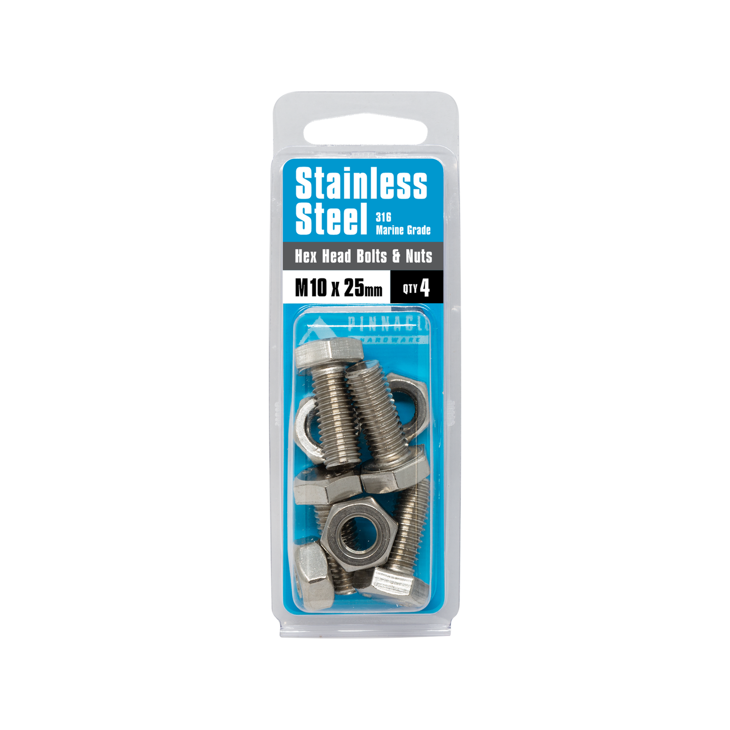 Pinnacle Hex Head Bolts and Nuts - M10 x 25mm - Stainless Steel - 4 Pack