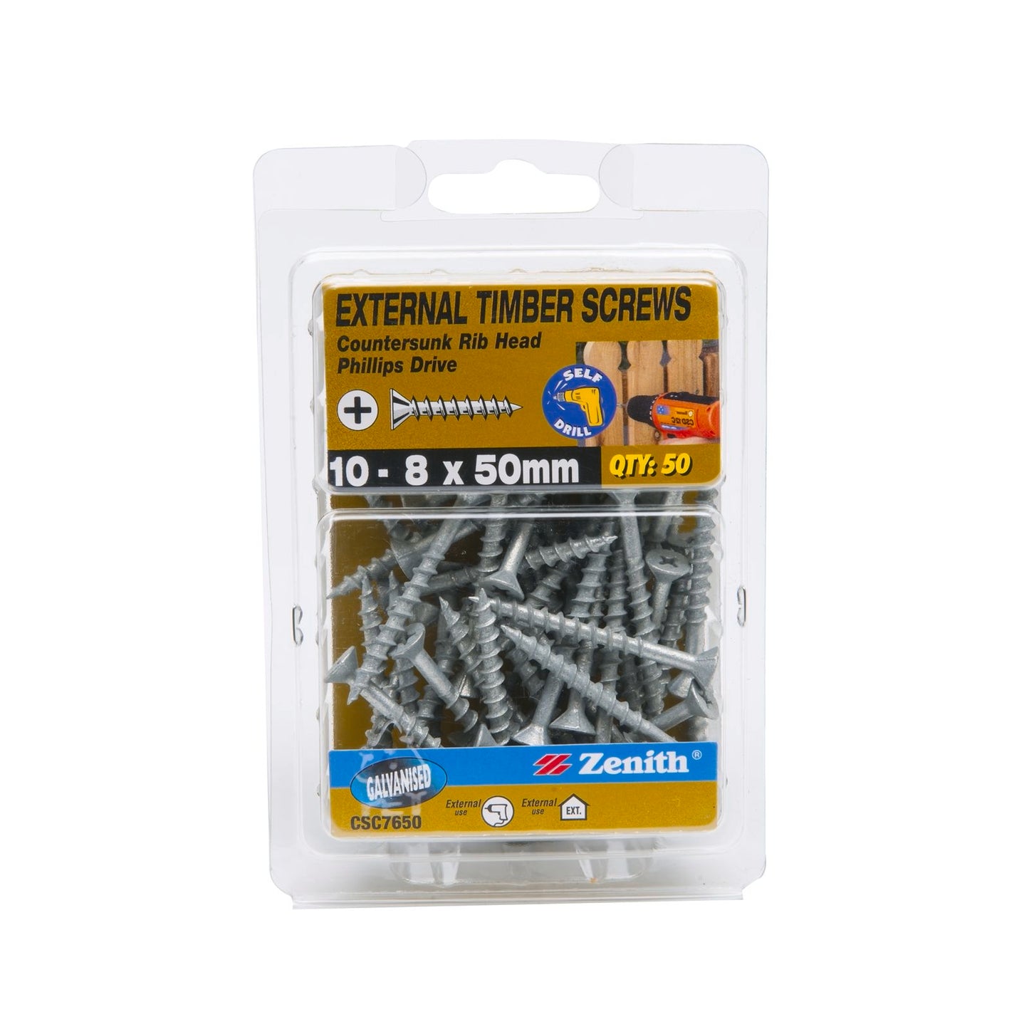 Zenith Timber Screws - 10 x 50mm - Galvanised Ribbed - 50 Pack