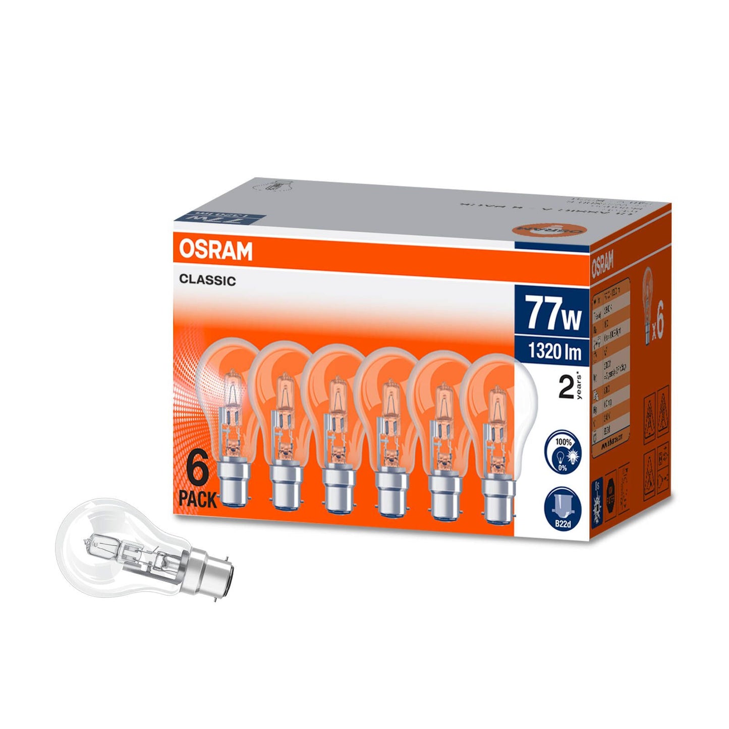 Osram Classic Ashape BC Halogen Light Globe - 77W - 6 Pack