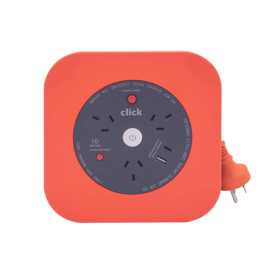 Click 3 Outlets 10m Square Cable Reel with USB Charger Orange