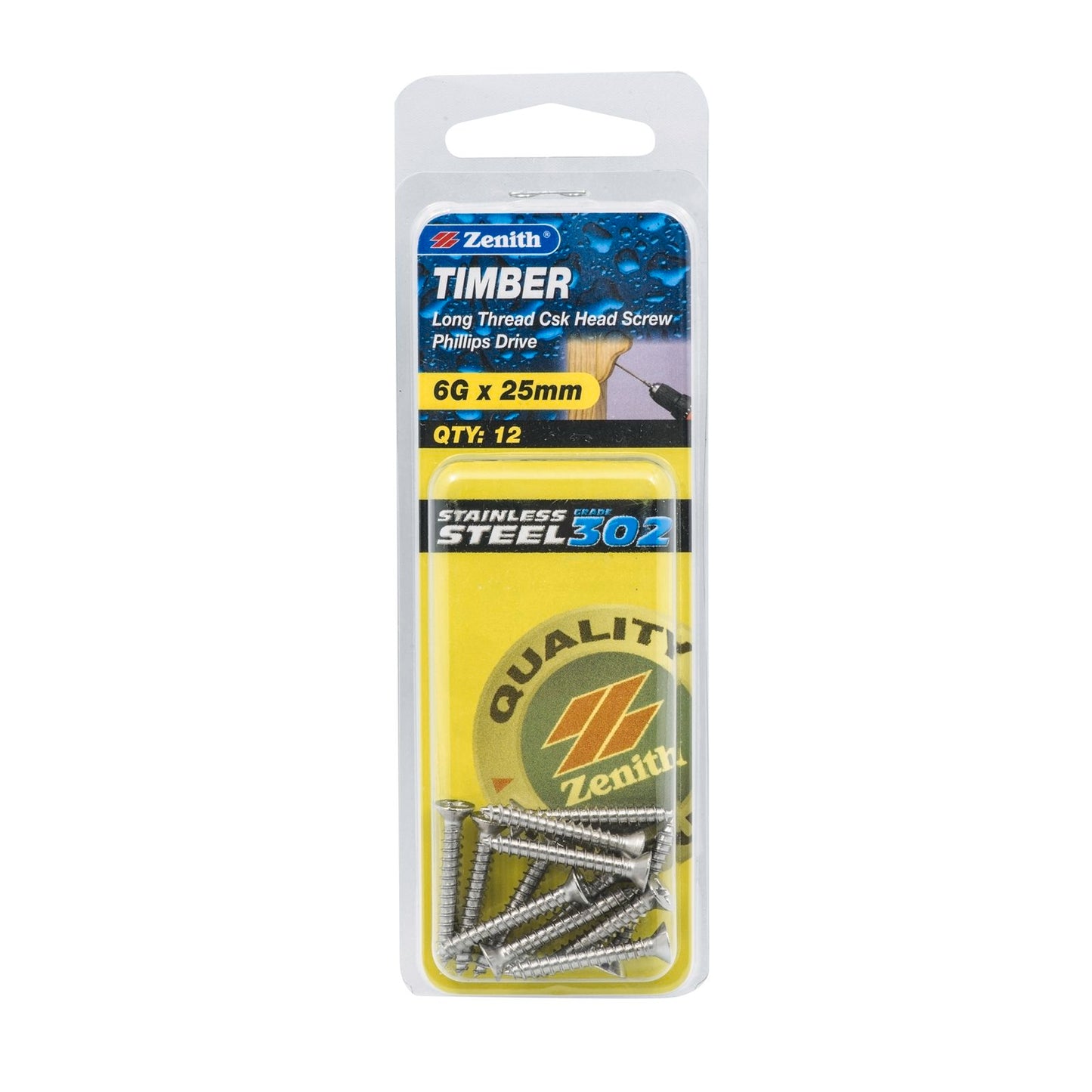 Zenith Timber Screws - 6g x 25mm - Stainless Steel - 12 Pack