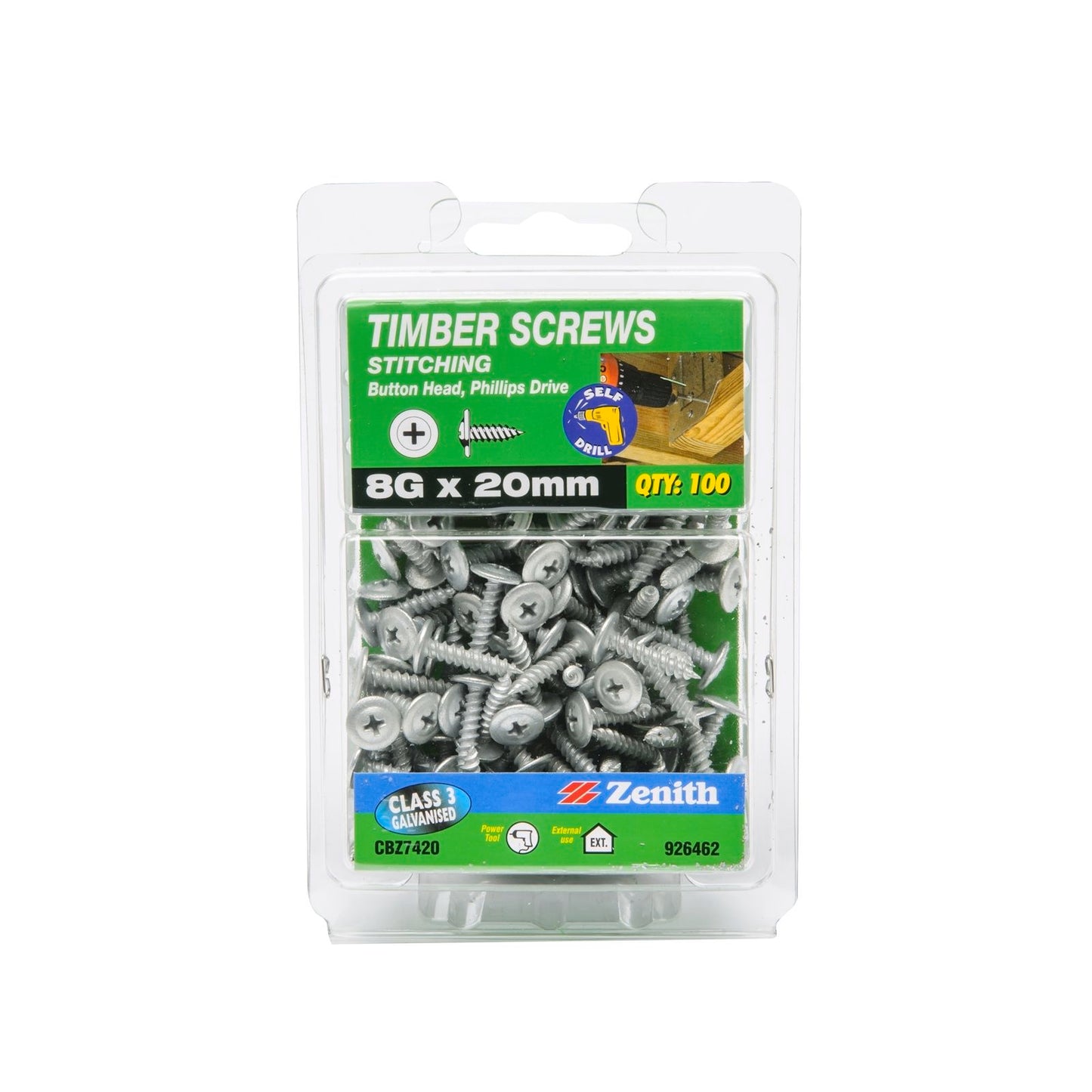 Zenith Timber Screws - 8g x 20mm - Galvanised - 100 Pack
