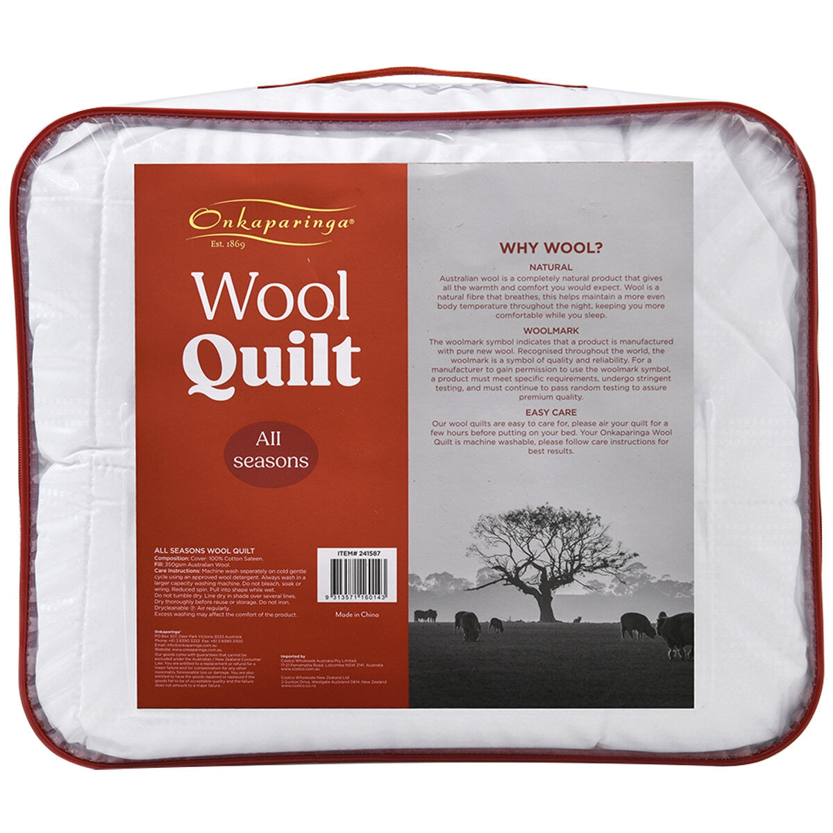 Onkaparinga All Seasons Wool Quilt Queen White 100% Cotton Sateen