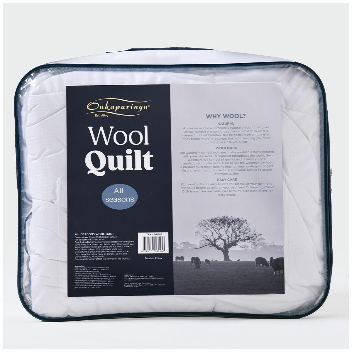 Onkaparinga All Seasons Wool Quilt King White Cotton Sateen Australian Wool
