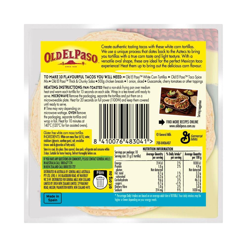 Old El Paso White Corn Tortillas Tacos 10 Pack - 208g