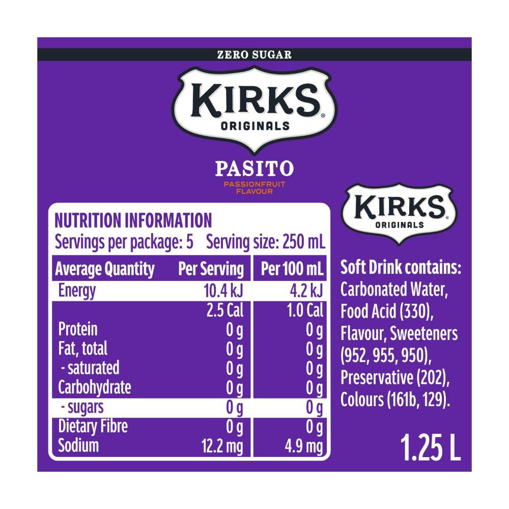Kirks Pasito Zero Sugar Soft Drink Bottle - 1.25L
