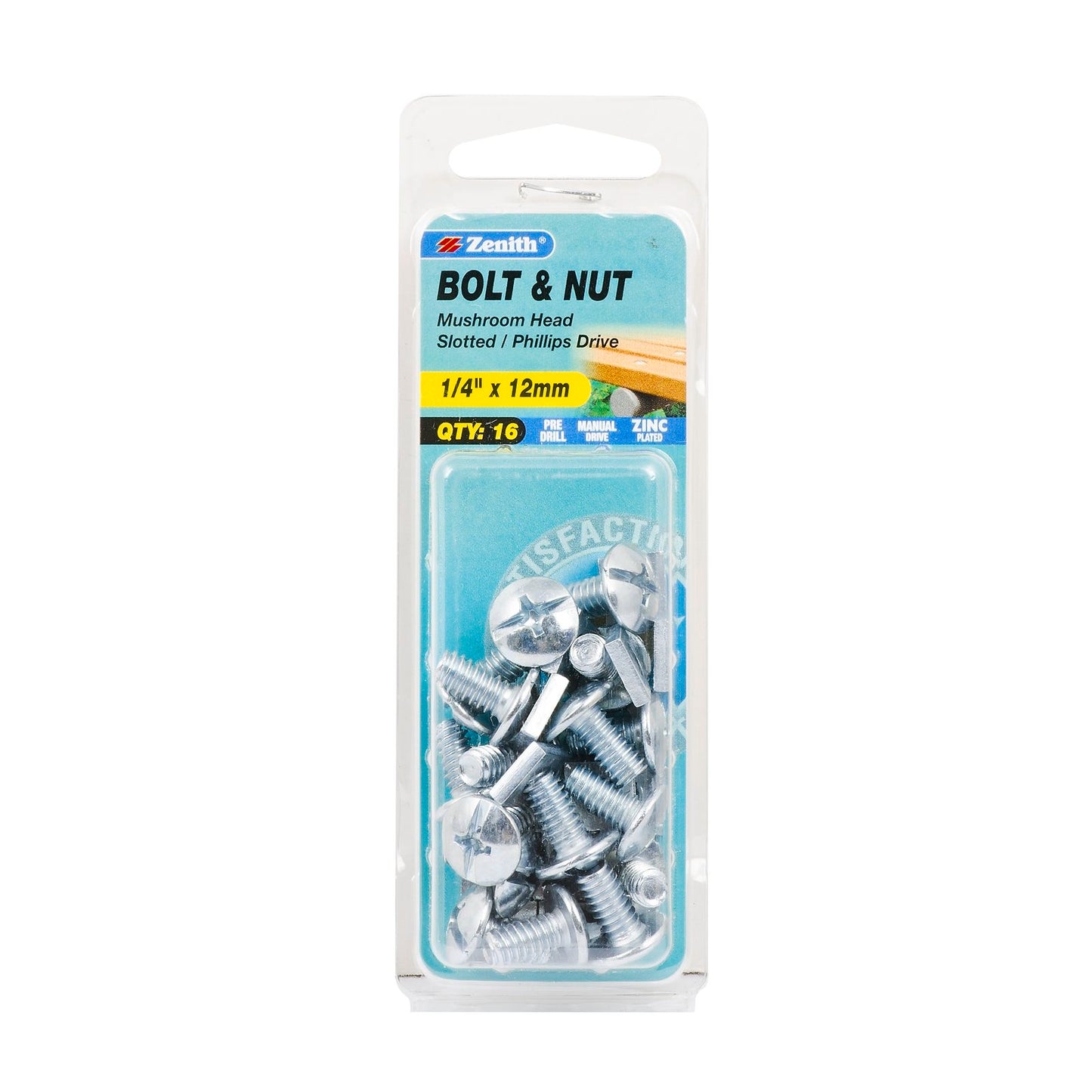 Zenith Mushroom Head Bolt & Nut - 1/4 x 12mm - 16 Pack