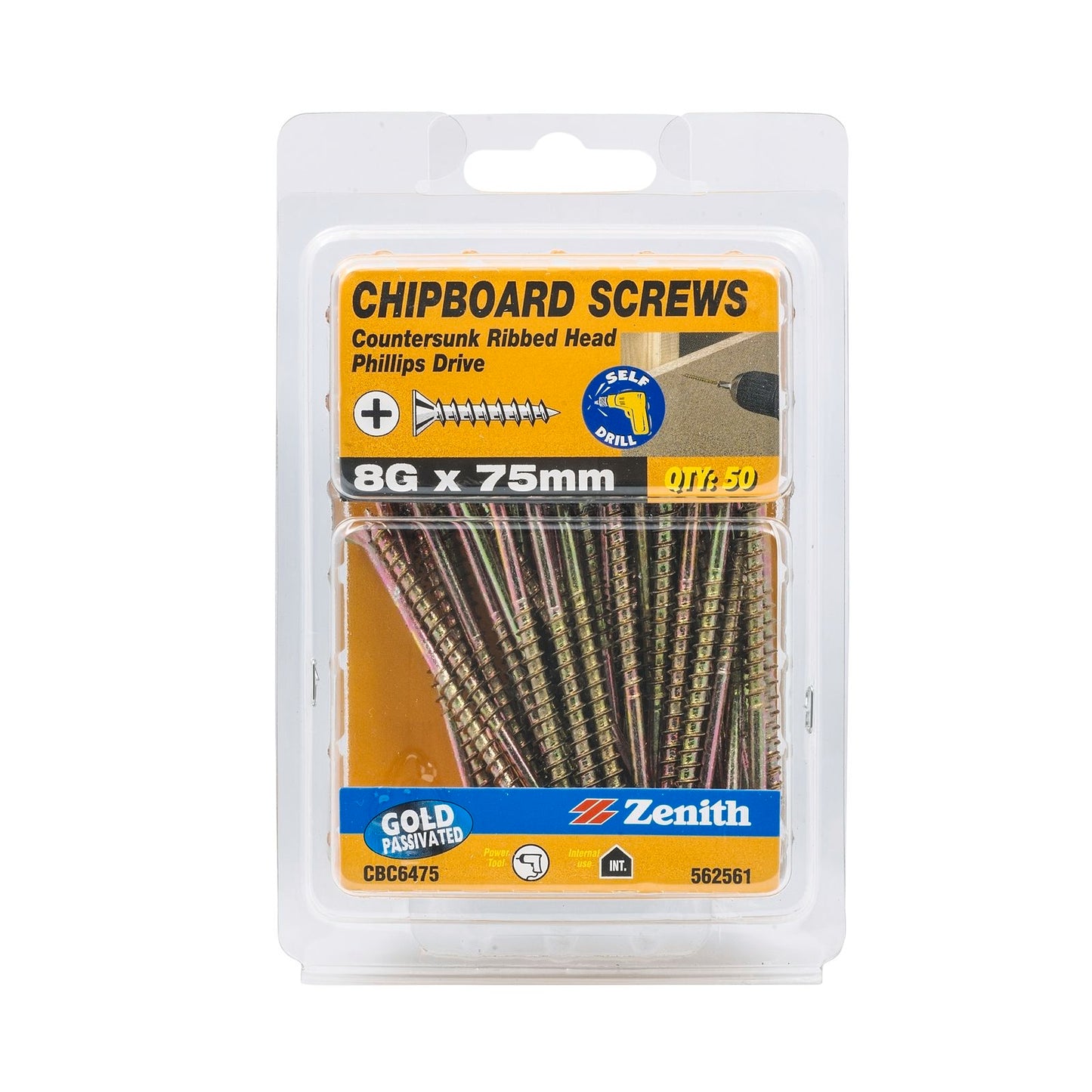Zenith Chipboard Screws - 8g x 75mm - Gold - 50 Pack