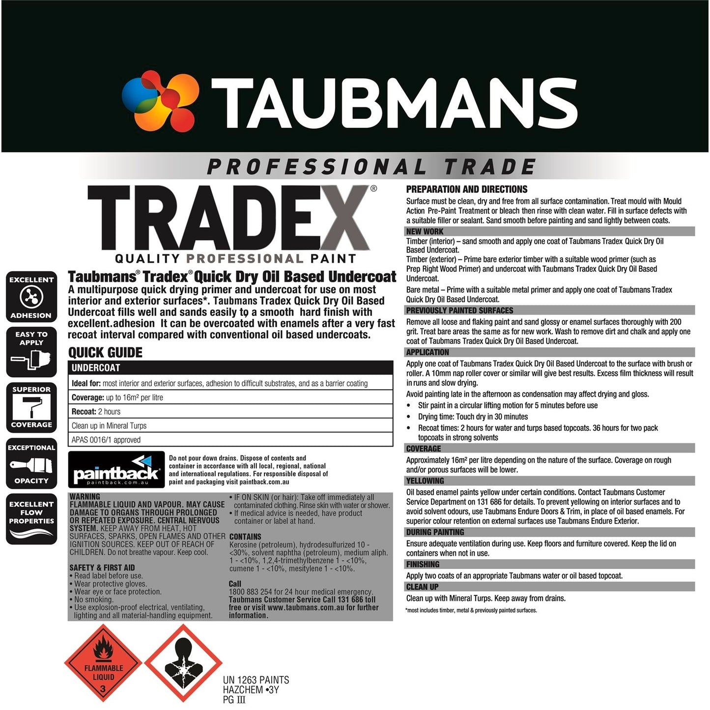 Taubmans White Oil Based Tradex Interior Quick Dry Undercoat - 4L