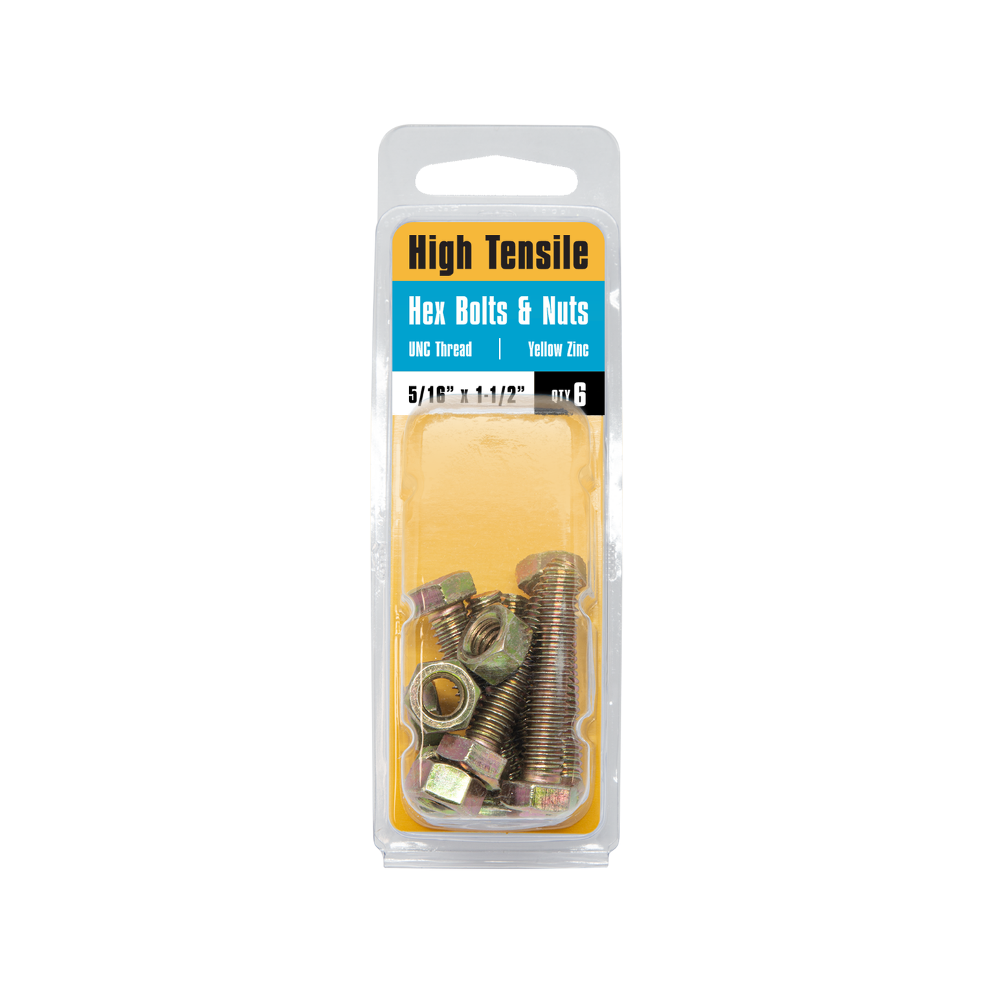 Pinnacle Hi Tensile Hex Bolt & Nut - 5/16 x 1-1/2" - Yellow - 6 Pack