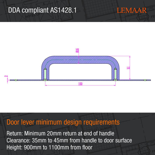 Lemaar D Pull - 150 x 16mm - 304 Stainless Steel - DDA Compliant