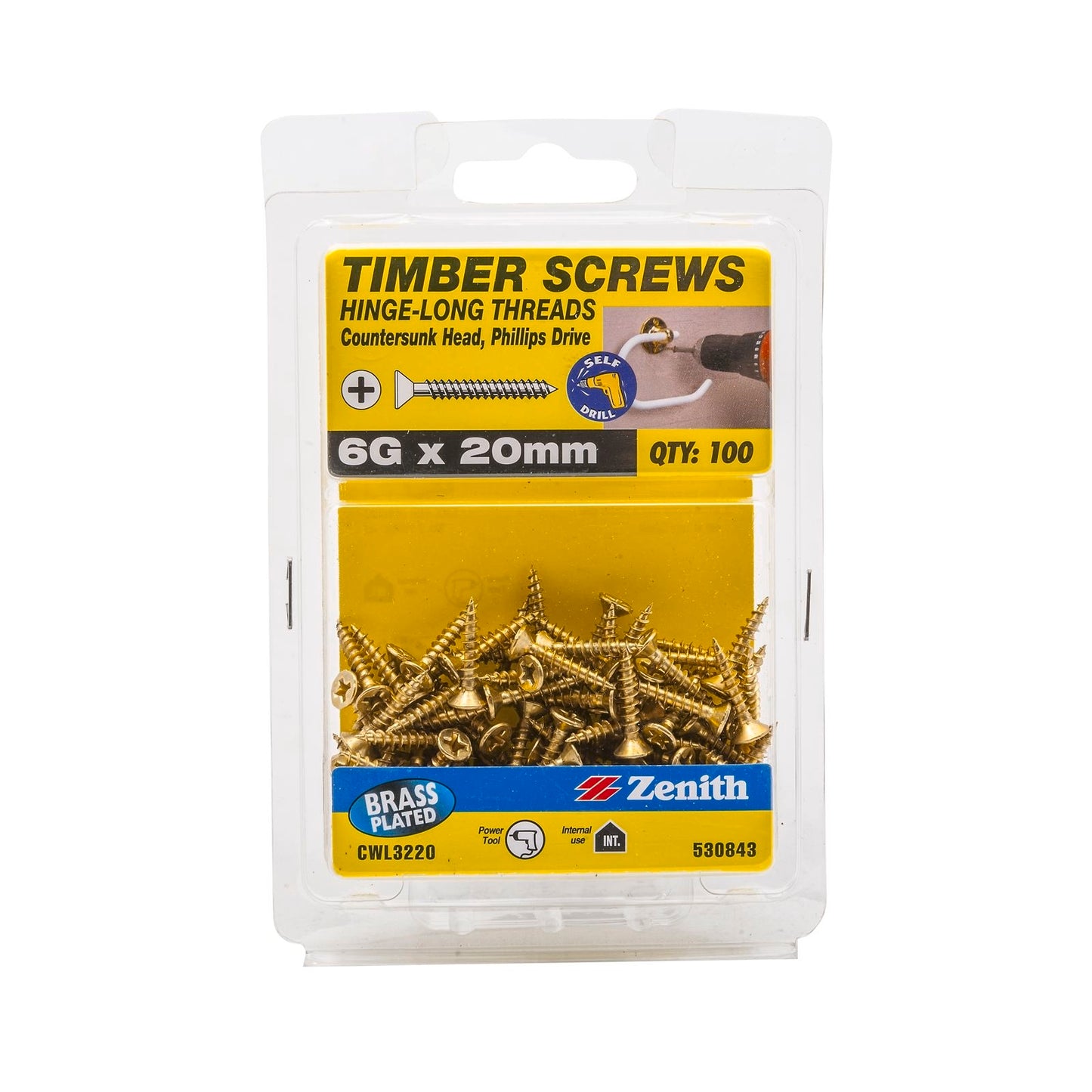 Zenith Hinge Long Thread Screw - 6g x 20mm - Brass - 100 Pack