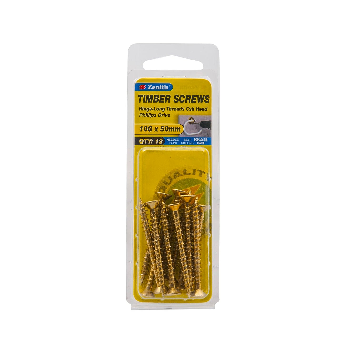 Zenith Brass Plated Hinge Long Thread Screws - 50mm - 12 Pack