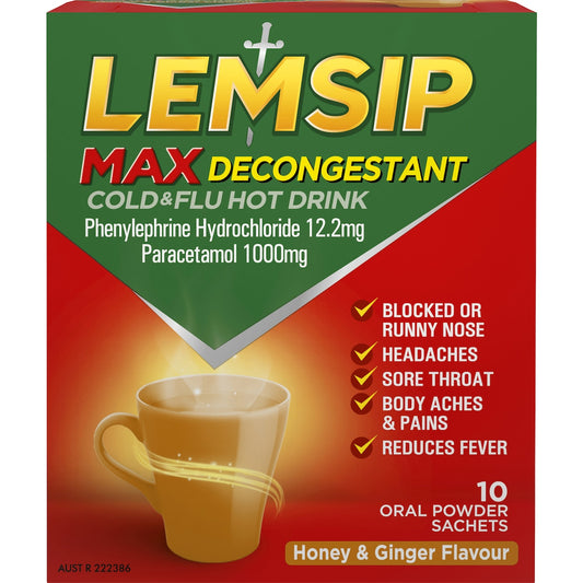 Lemsip Max Cold & Flu Decongestant Hot Drink Honey & Ginger 10 Pack