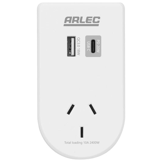Arlec Power Adaptor with Integrated Phone Mount - 55 x 100 x 70mm