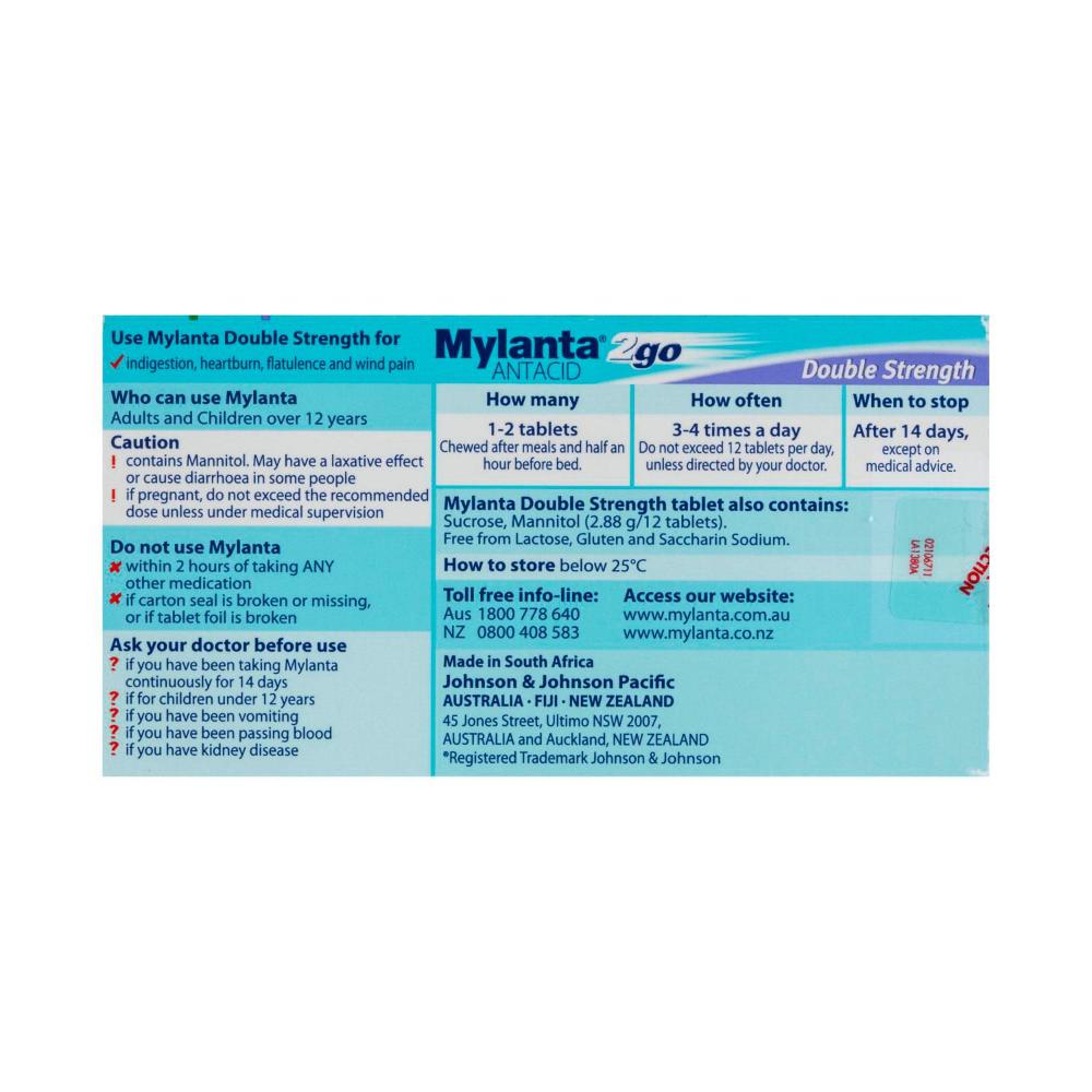Mylanta 2go Antacid Double Strength Chewable Tablets Lemon Mint | 48 Pack