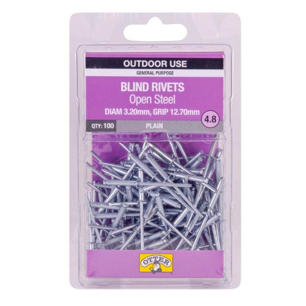 Otter Open Steel Blind Rivets - 2 x 12 7mm - 100 Pack - High Strength