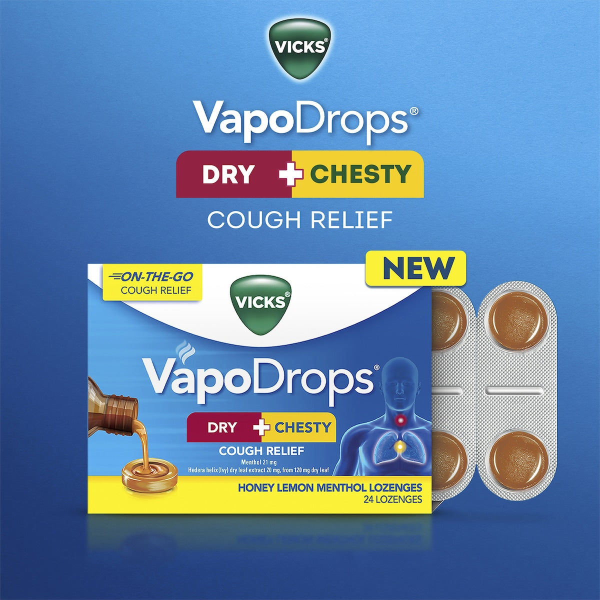 Vicks Dry + Chesty Honey Lemon Menthol Lozenges 24 Pack