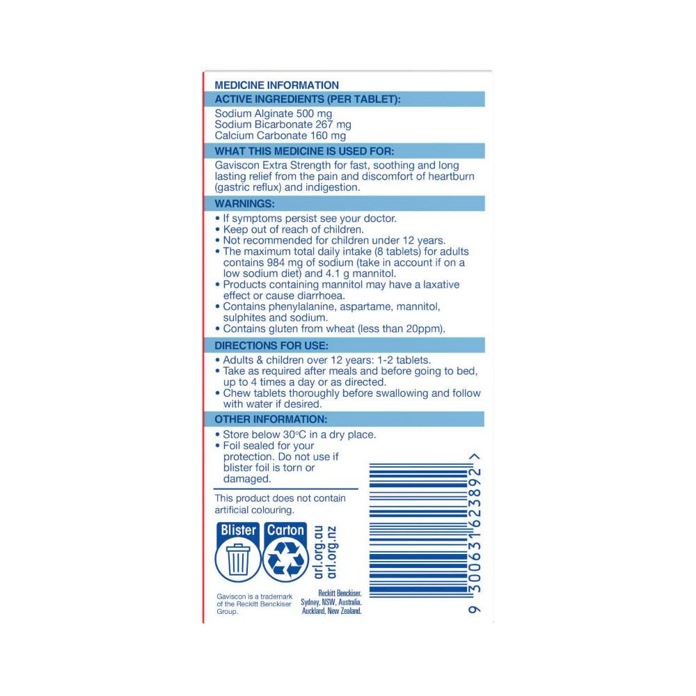 Gaviscon Extra Strength 500mg Peppermint Tablets - 24 pack