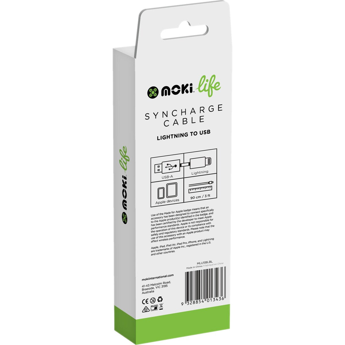 Moki Life 90cm Syncharge Cable Lightning to USB Blue each