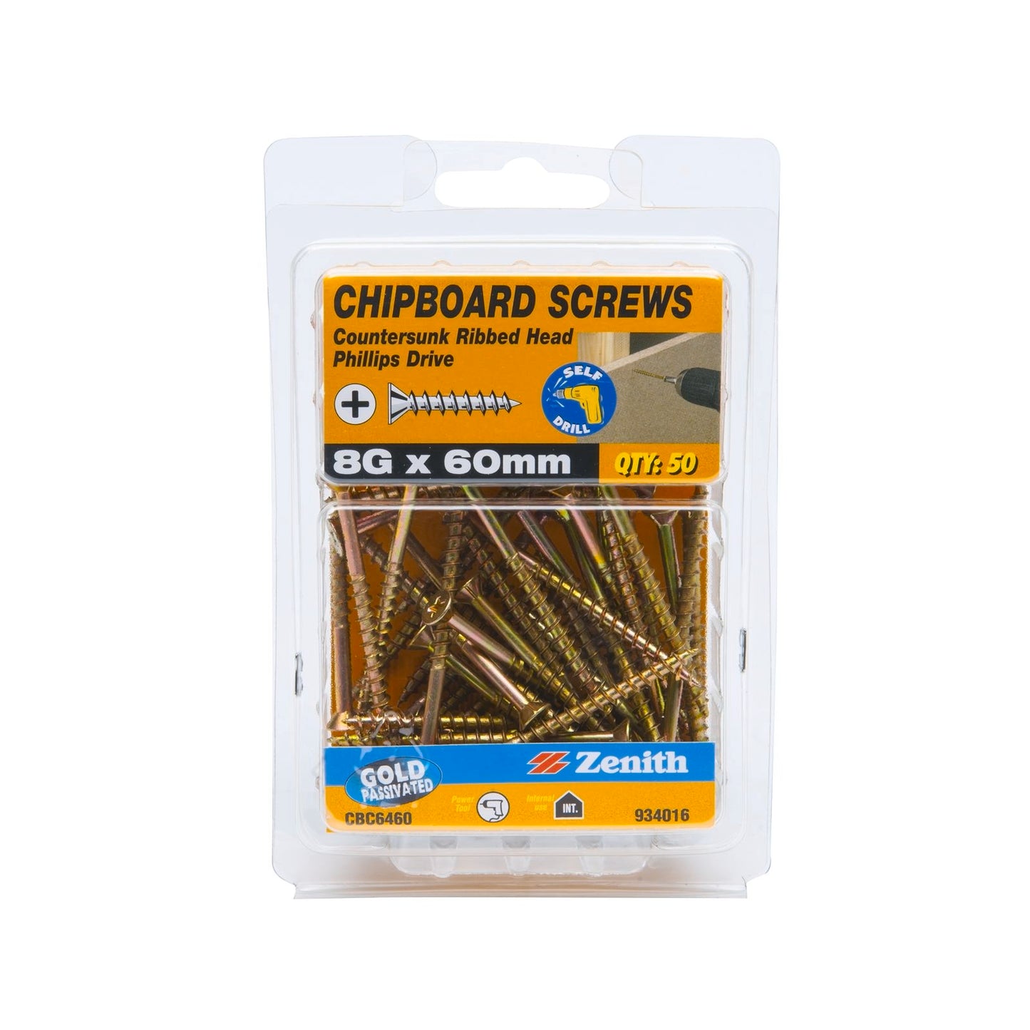 Zenith 8g Countersunk Rib Head Chipboard Screws - 60mm - Gold - 50 Pack