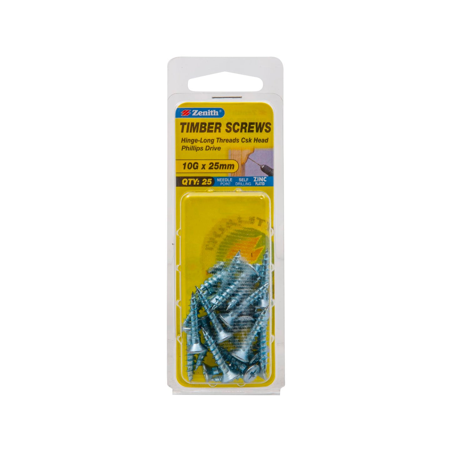 Zenith Countersunk Head Wood Screws - 10g x 25mm - Zinc - 25 Pack