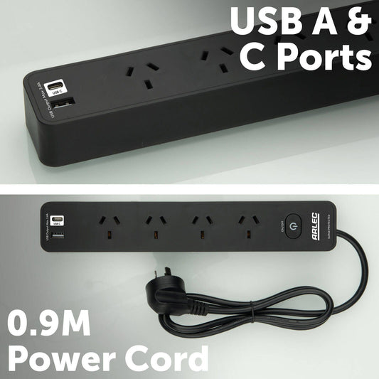 Arlec Black 4 Outlet Surge Protected Powerboard