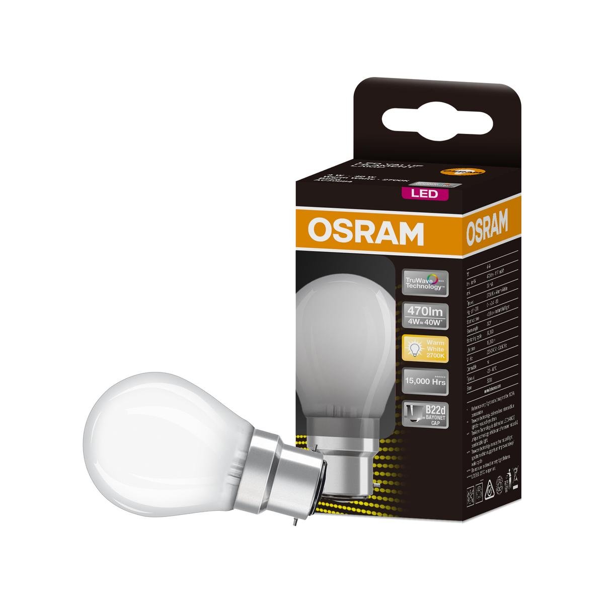 Osram 4W B22D Frosted Warm White Filament LED Light Globe 470lm 51mm