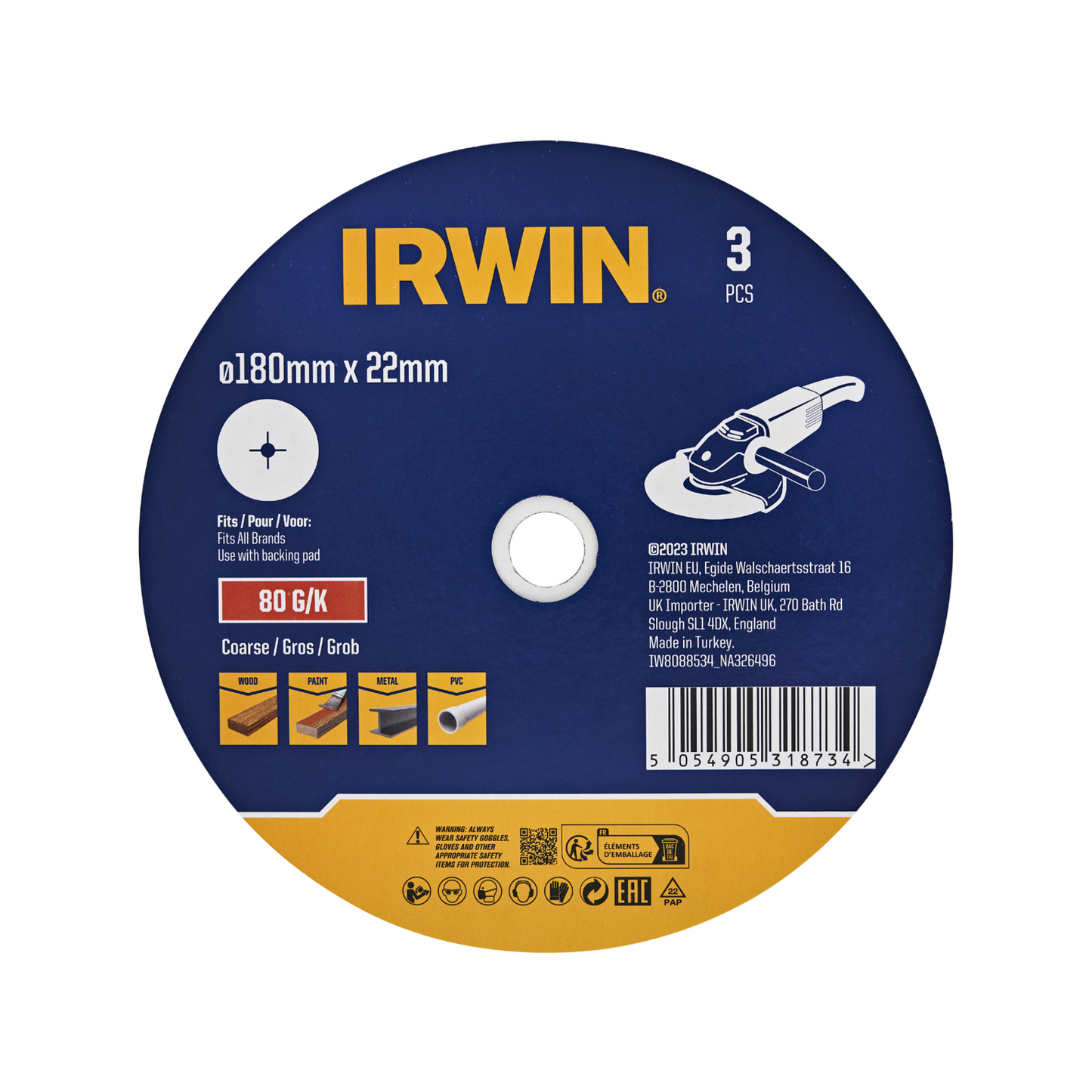 Irwin Fibre Disc - 180 x 22mm - 80 Grit - 3 Pack
