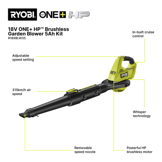 Ryobi ONE+ HP Brushless Garden Blower Kit - 5.0Ah - 315km/h
