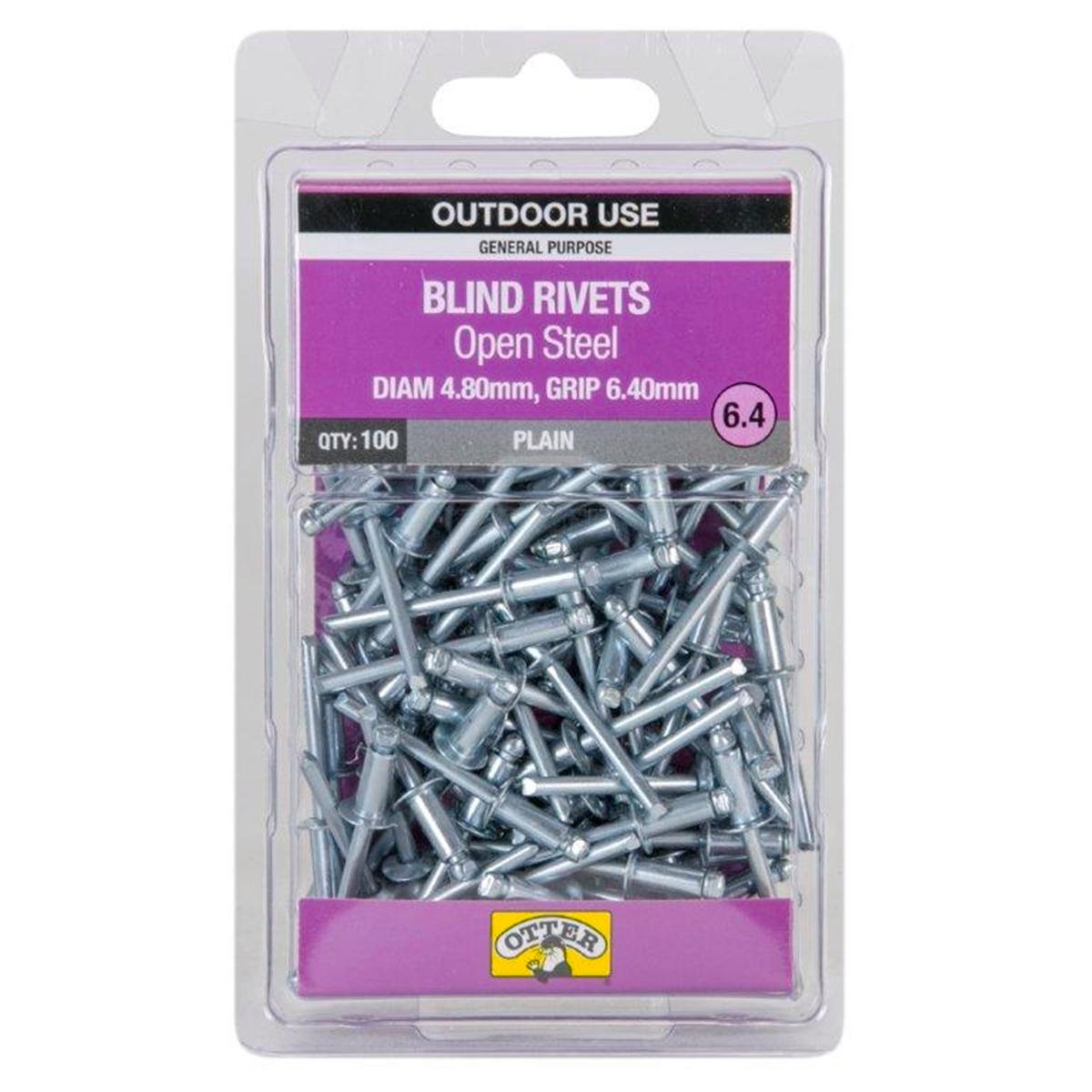 Otter Open Steel Blind Rivets 8 x 6 4mm 100 Pack High Strength