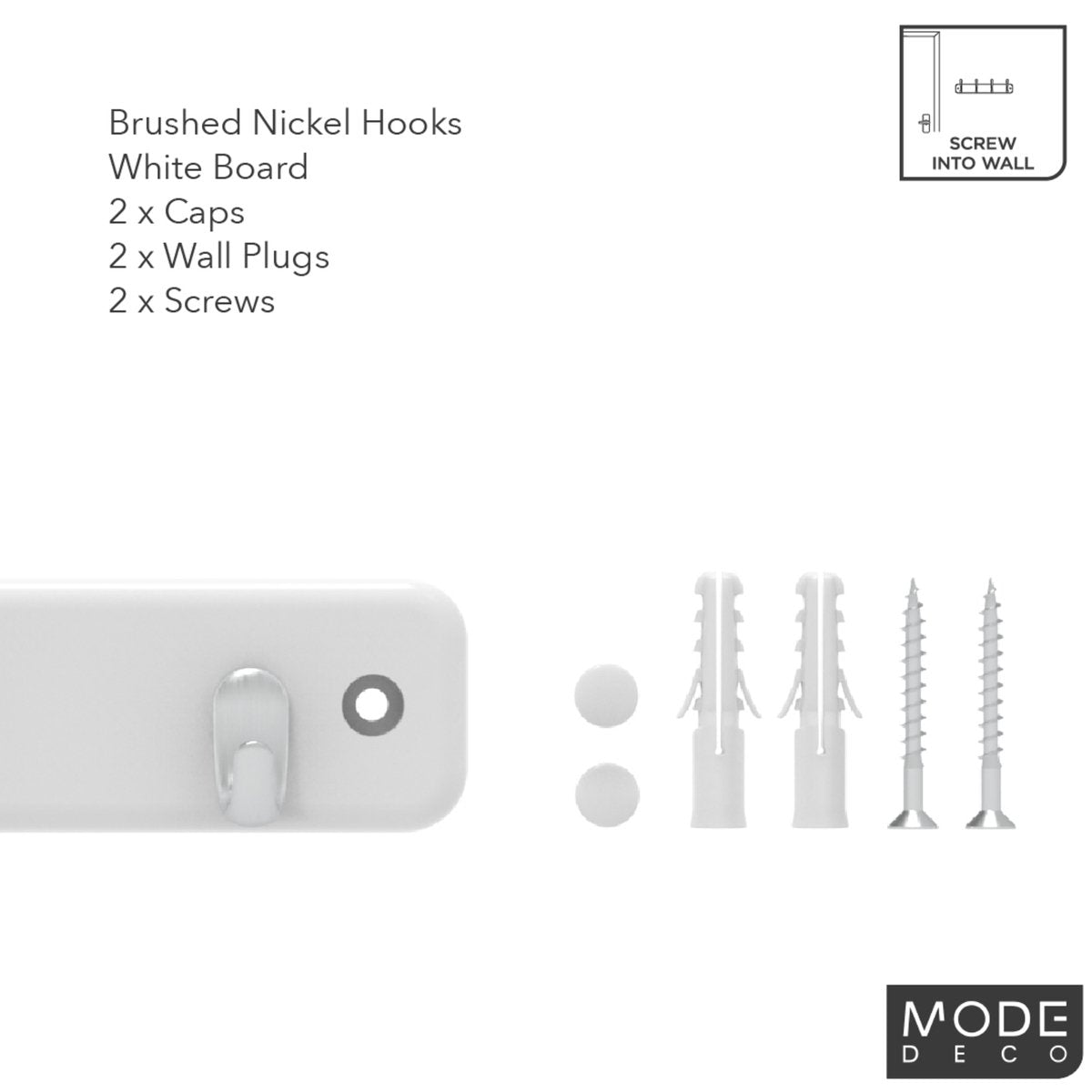 Mode Key Rack - 4 Brushed Nickel Hooks - White Board - Durable Design