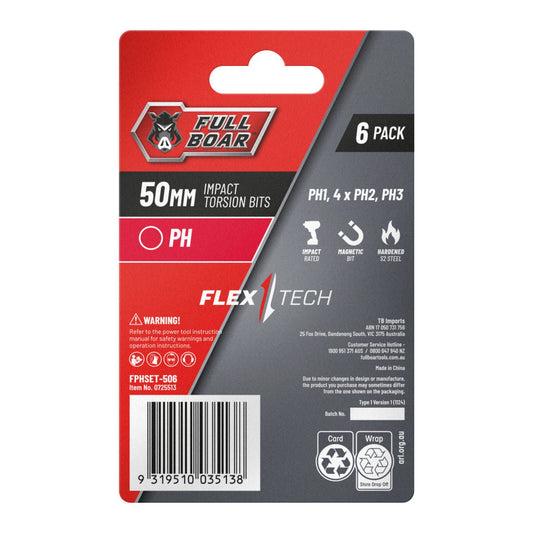 Full Boar Magnetic Impact Torsion Bit Set PH x 50mm 6 Pack